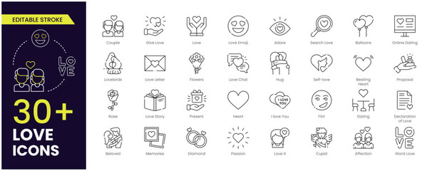 Love stroke icon set. Containing heart, couple, cupid, passion, valentine, Love Emoji, Beating Heart, Affection, Love Story, Hug, dating icons. Outline icon. Editable Stroke icon collection.