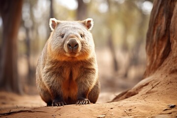 An Australian wombat in its natural habitat, a funny cute marsupial animal.