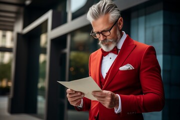 Businessman in a red suit and bow tie is reading a document.