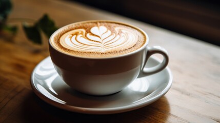 Close up of a coffee cup adorned with creamy latte art