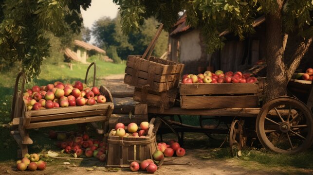 Still life painting depicting a wagon filled with ripe apples