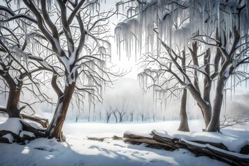 A Mountain Orchard Spring in the winter, covered in a blanket of snow, icicles hanging from tree branches, a serene and icy beauty, capturing the quietude of the season