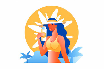 Woman in sun hat holding sunscreen.protection from the rays and the harmful effects of the sun's rays on the beach. Skin beauty and health concept.