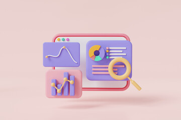 Data analysis and business report chart graph growth diagram on website. Business strategy, SEO optimization dashboard, financial research report, Data analysis concept. 3d icon render illustration