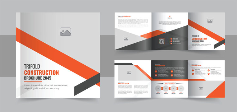 Construction company brochure design, Construction and renovation square trifold brochure design template layout