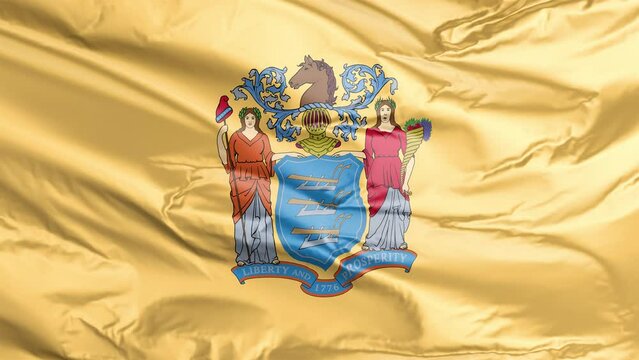 Waving flag of New Jersey State, NJ, USA. 4K seamless loop 3D render animation. Beautiful high detail fabric cloth satin texture with wrinkles. Fullscreen close up, slow motion