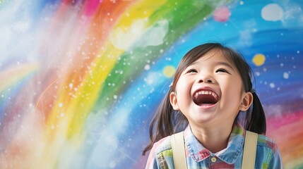 Asian little girl is painting the colorful rainbow and sky on the wall and she look happy and funny, concept of art education and learn through play activity for kid. copy space for text.