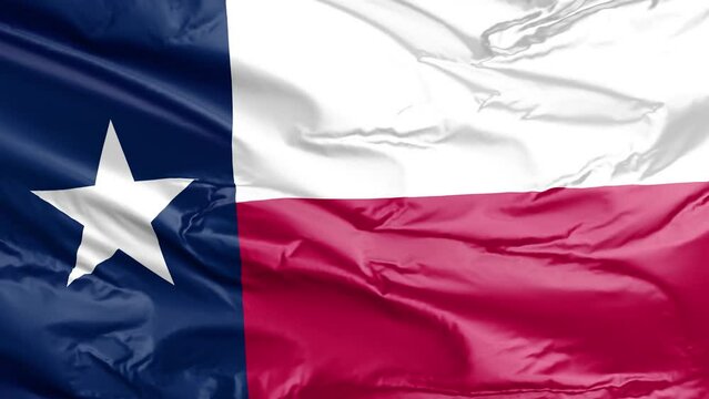 Waving flag of Texas State, TX, USA. 4K seamless loop 3D render animation. Beautiful high detail fabric cloth satin texture with wrinkles. Fullscreen close up, slow motion