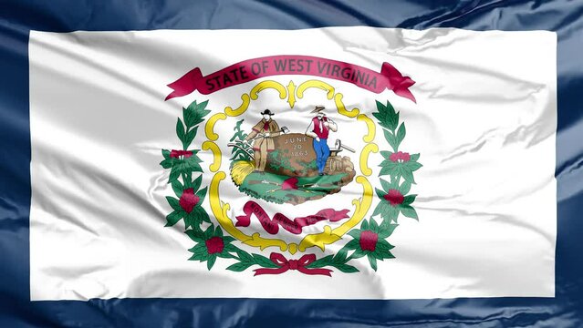 Waving flag of West Virginia State, WV, USA. 4K seamless loop 3D render animation. Beautiful high detail fabric cloth satin texture with wrinkles. Fullscreen close up, slow motion