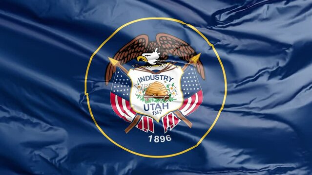 Waving flag of Utah State, UT, USA. 4K seamless loop 3D render animation. Beautiful high detail fabric cloth satin texture with wrinkles. Fullscreen close up, slow motion