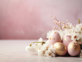 Colorful metallic  Easter eggs  with golden decor and cherry blossoms, copy space, pink background