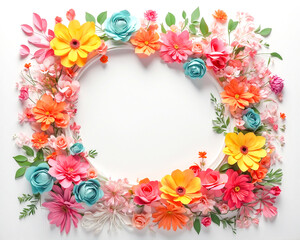 Frame made of beautiful flowers and leaves on white background , top view , Generative AI