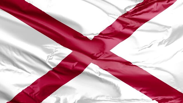 Waving flag of Alabama State, AL, USA. 4K seamless loop 3D render animation. Beautiful high detail fabric cloth satin texture with wrinkles. Fullscreen close up, slow motion