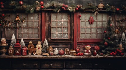 Rustic flatlay of vintage Christmas elements creating a nostalgic backdrop.