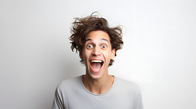 a young man smiling with his mouth open, showing hyped bright energy, isolated on white background.