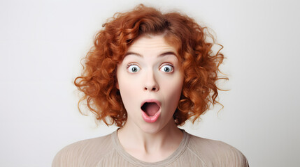 red curly haired woman making a surprised face, isolated on white background