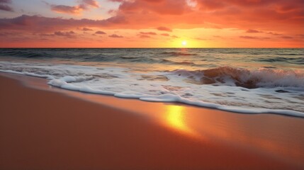 Fototapeta na wymiar Tranquil ocean sunrise casting a warm glow on the beach