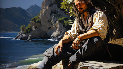 Fototapeta premium lonely sad medieval pirate left on the island on beach near the coast of sea ocean