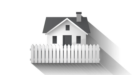3D white and grey house with white picket fence with dark shadow over white background. To represent real estate and housing markets. 