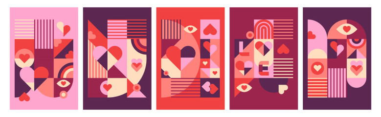 Valentine's day modern poster design in trendy geometrical style. Template for greeting cards, banner, social media and sale marketing - obrazy, fototapety, plakaty