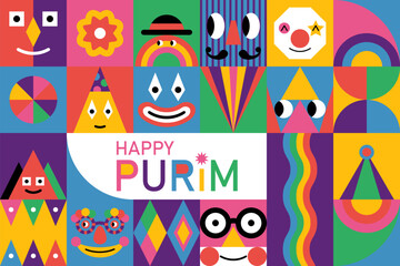 Purim carnival modern poster design in trendy geometrical style. Template for greeting cards, banner, social media and sale marketing