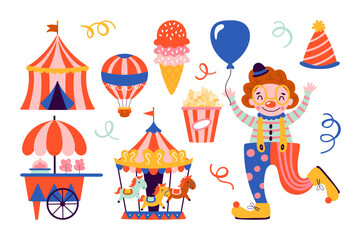 Carnival circus cute elements design set. Childish print for stickers, apparel, cards, party invitation and decoration