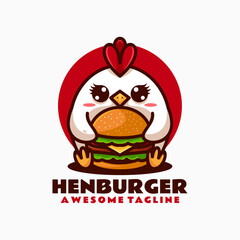 Vector Logo Illustration Hen Burger Mascot Cartoon Style.