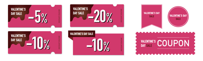 バレンタインセールに使える溶けたチョコレートとピンクの割引クーポンのベクターデザインセット2