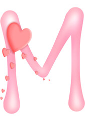 Alphabet letter M isolated illustration, valentine's Day theme with red hearts, set of illustrations alphabet A - Z