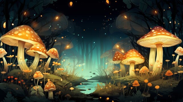 Whimsical digital illustration of a magical forest