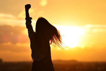 silhouette of a woman with flowing hair with her fist raised up in the sunset sky, girl power - obrazy, fototapety, plakaty