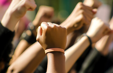 Close-up of a group of women's hands raising their fists in the air, girl power concept