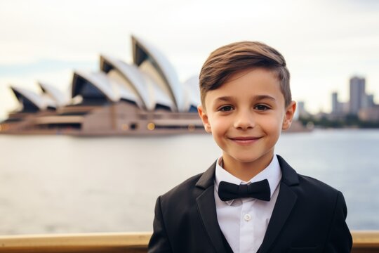 holidays, travel and tourism concept - smiling little boy in tuxedo and bow tie over Sydney Opera House background
