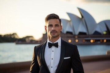 Portrait of handsome young man in tuxedo and bow tie standing in front of Opera House in Sydney, Australia