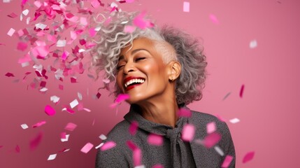 Fototapeta na wymiar Portrait of black joyful stylish senior woman 50-60 years old celebrating with confetti falling against pink background with copy space. Birthday, happiness, enjoyment of life, positive emotions.