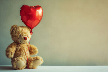 Lovely teddy bear and heart-shaped balloon on bright space.