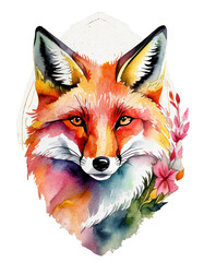 Obraz premium High quality, logo style, Watercolor, powerful colorful fox face logo facing forward, white background, by yukisakura, awesome full color