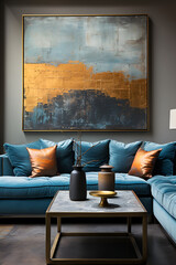 Stylish modern interior with abstract gold oil painting over blue sofa.
Interior magazines, home decor, design studios, art galleries.