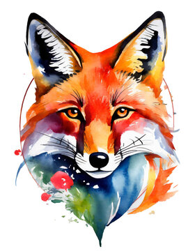 High quality, logo style, Watercolor, powerful colorful fox face logo facing forward, white background, by yukisakura, awesome full color
