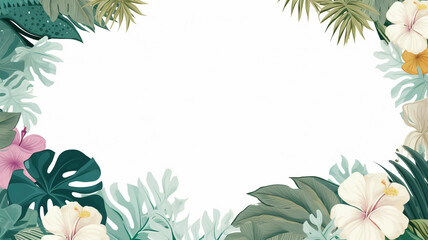 Tropical leaves and large exotic flowers frame