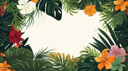 Tropical leaves and large exotic flowers frame