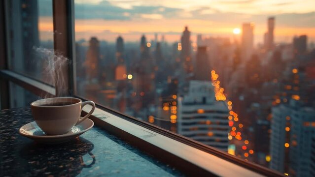 View of nature in the city nearby through the window while enjoying a cup of coffee. Seamless looping 4k time-lapse virtual video animation background 

