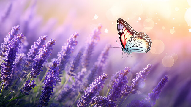 Blossoming Lavender flowers and flying butterfly in summer morning background . Purple growing Lavender panoramic view. Butterfly purple plant summer nature lavender flower macro field Generative AI.
