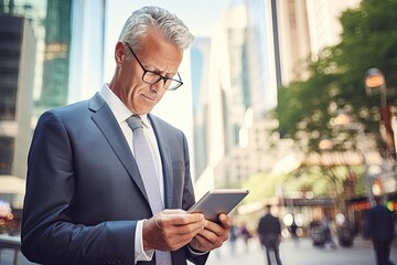 Distinguished gentleman in business attire contemplating in the city.