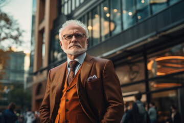 Seasoned businessman in stylish brown suit downtown.