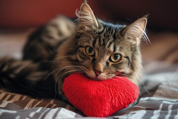 cat with plush soft red heart Lover Valentine cat with a red heart