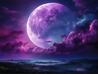 Fototapeta na wymiar Moon and clouds glowing purple