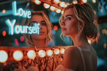 Love yourself concept image with beautiful blonde woman looking herself in the mirror and glowing sign love yourself message - obrazy, fototapety, plakaty