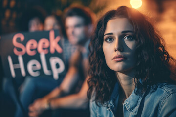 Seek help concept image with sad woman with friends and people helping her and sign with written words Seek help