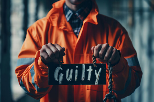 Guilty concept image with man in jail orange jumpsuit with a sign with written word guilty with prison background to represent guilt